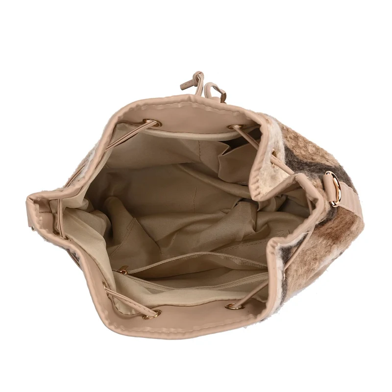 Bucket Crossbody Bag - Modische Beuteltasche mit Kordelzug, Beige Kontrast-Karo-Kunstfell, Größe: 22x18x25 cm
