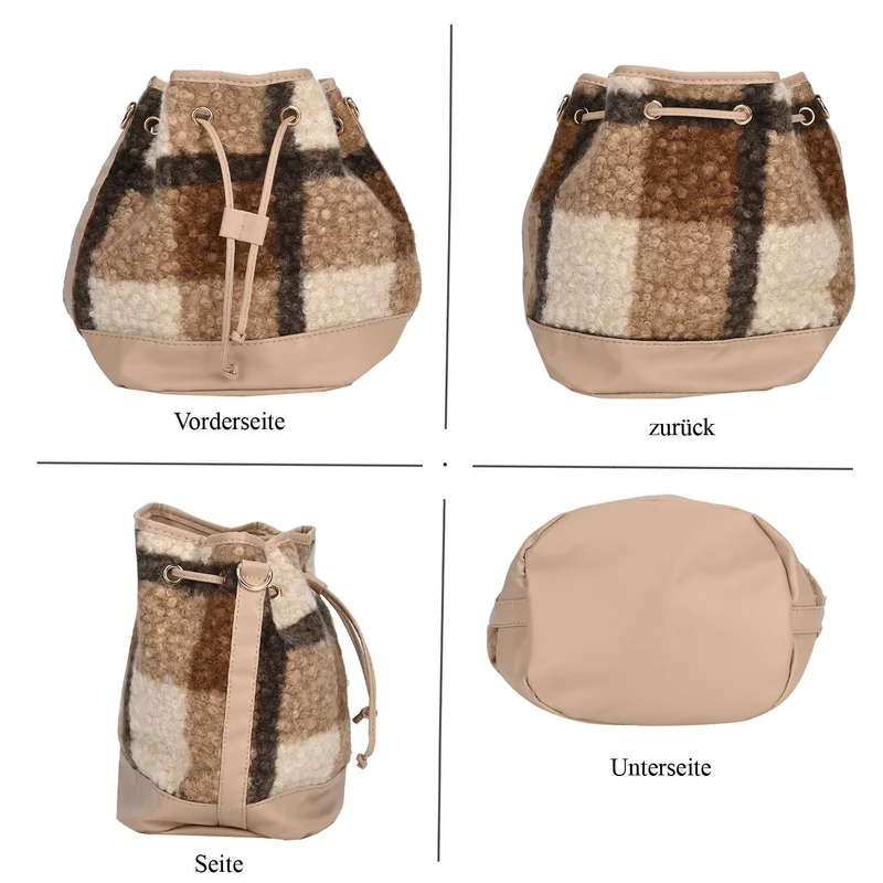 Bucket Crossbody Bag - Modische Beuteltasche mit Kordelzug, Beige Kontrast-Karo-Kunstfell, Größe: 22x18x25 cm