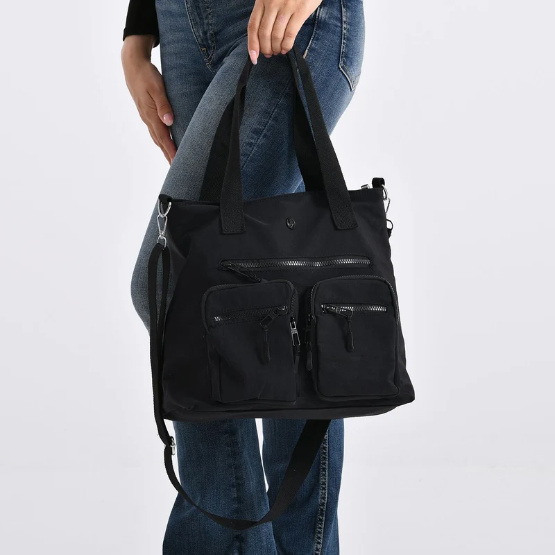 Crossbody-Schultertasche mit Mehrfachfächern, 31x30x14 cm, Schwarz