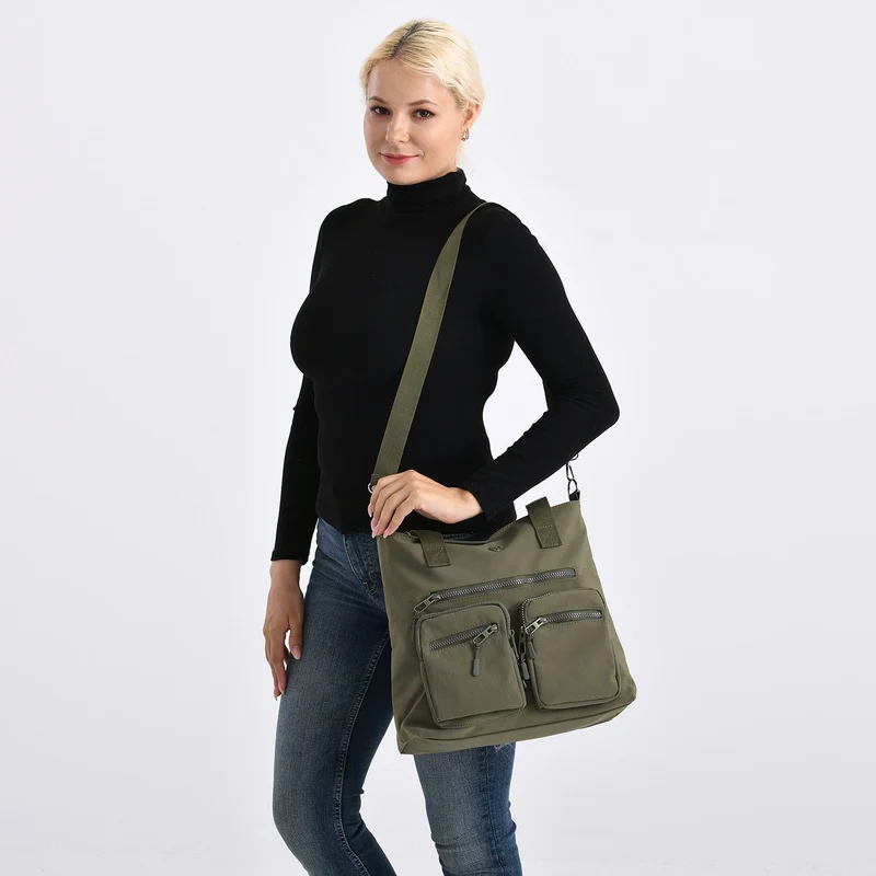 Crossbody-Schultertasche mit Mehrfachfächern, 31x30x14 cm, Schwarz