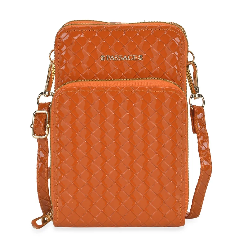 PASSAGE geprägte Kunstleder-Umhängetasche mit RFID-Schutz und langer Trageriemen, 13x7.5x19 cm, Orange