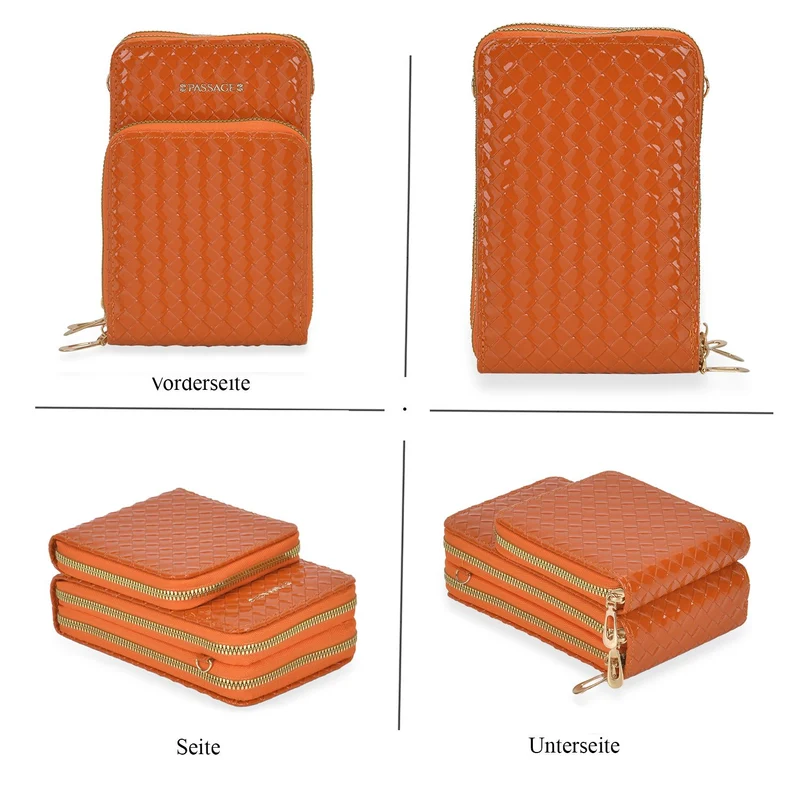 PASSAGE geprägte Kunstleder-Umhängetasche mit RFID-Schutz und langer Trageriemen, 13x7.5x19 cm, Orange