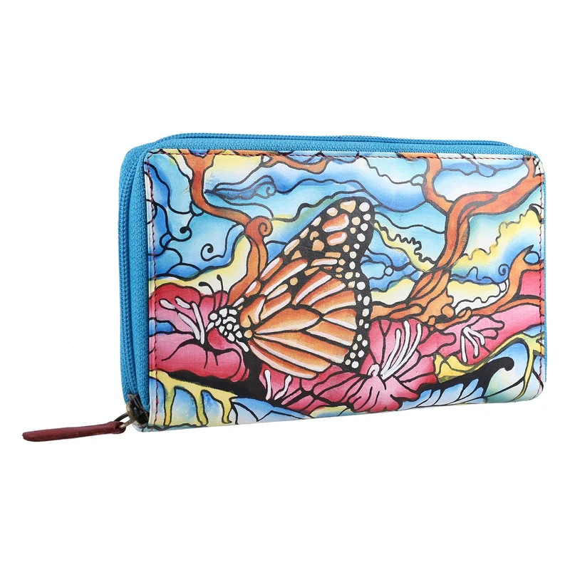 Sukriti - handbemalte Brieftasche aus echtem Leder mit RFID Schutz, Blumenmuster blau