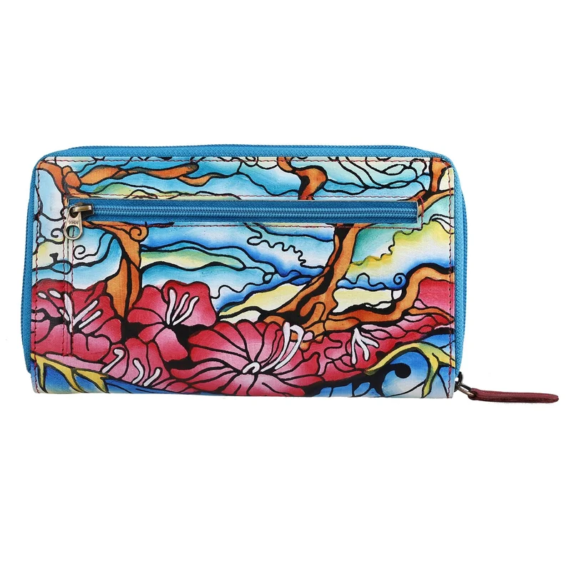Sukriti - handbemalte Brieftasche aus echtem Leder mit RFID Schutz, Blumenmuster blau