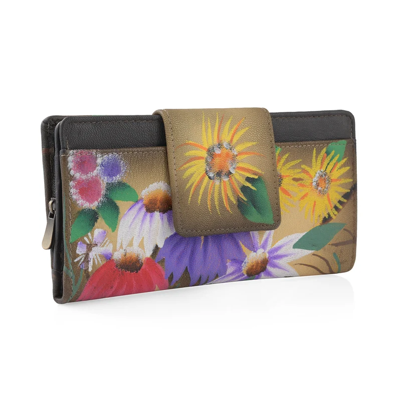 Sukriti - handbemalte Brieftasche aus echtem Leder mit RFID Schutz, Blumenmuster blau