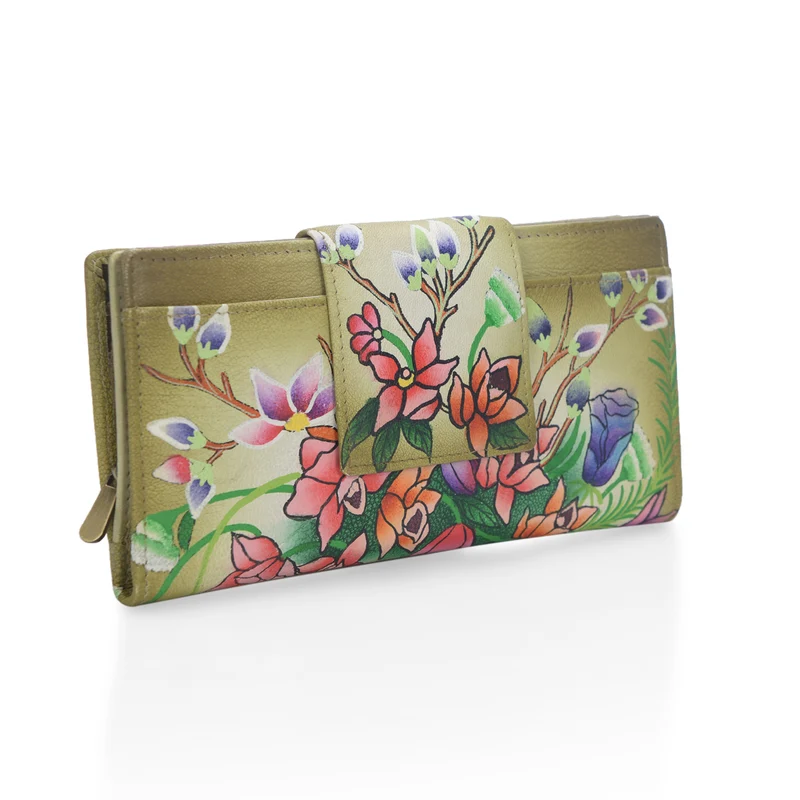 Sukriti - handbemalte Brieftasche aus echtem Leder mit RFID Schutz, Blumenmuster blau
