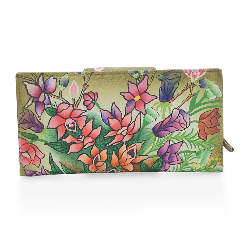 Sukriti - handbemalte Brieftasche aus echtem Leder mit RFID Schutz, Blumenmuster blau