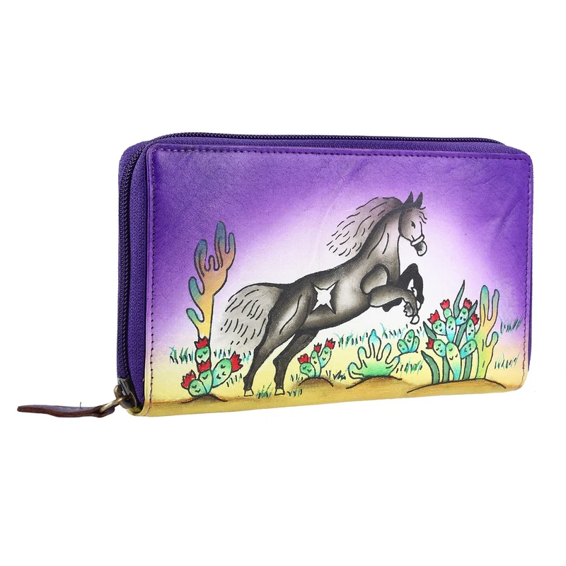 Sukriti - handbemalte Brieftasche aus echtem Leder mit RFID Schutz, Blumenmuster blau