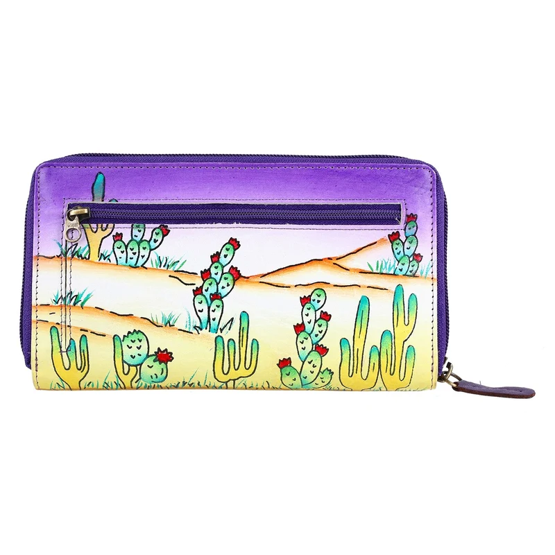 Sukriti - handbemalte Brieftasche aus echtem Leder mit RFID Schutz, Blumenmuster blau