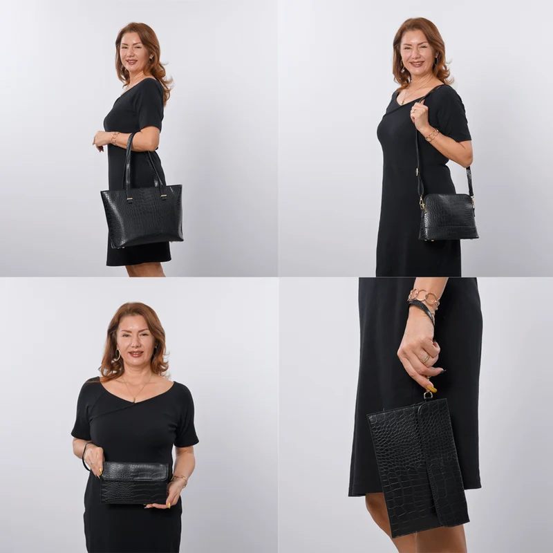 Passage - 4er-Set, Handtasche, Crossbody Tasche, Clutch und Brieftasche mit Kroko Muster, grau