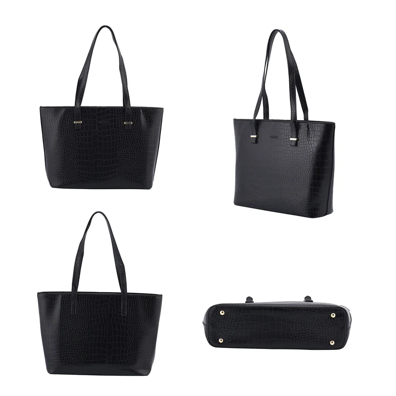 Passage - 4er-Set, Handtasche, Crossbody Tasche, Clutch und Brieftasche mit Kroko Muster, grau