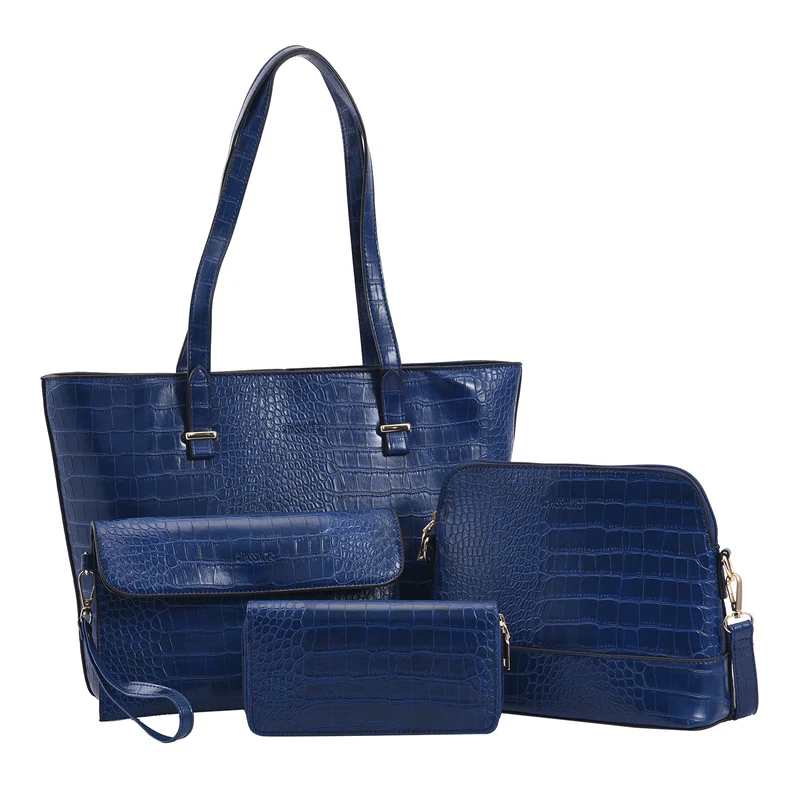Passage - 4er-Set, Handtasche, Crossbody Tasche, Clutch und Brieftasche mit Kroko Muster, grau