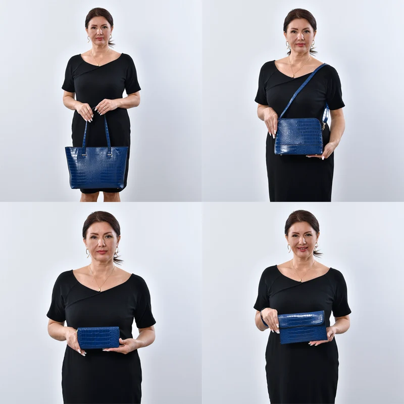 Passage - 4er-Set, Handtasche, Crossbody Tasche, Clutch und Brieftasche mit Kroko Muster, grau