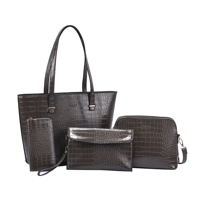 Passage - 4er-Set, Handtasche, Crossbody Tasche, Clutch und Brieftasche mit Kroko Muster, grau