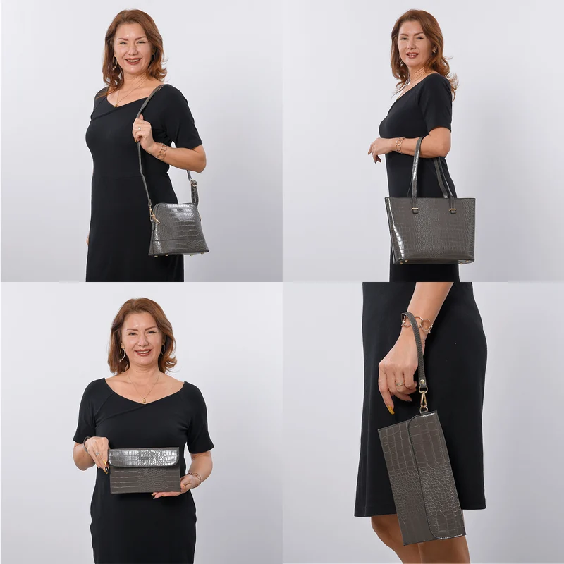 Passage - 4er-Set, Handtasche, Crossbody Tasche, Clutch und Brieftasche mit Kroko Muster, grau
