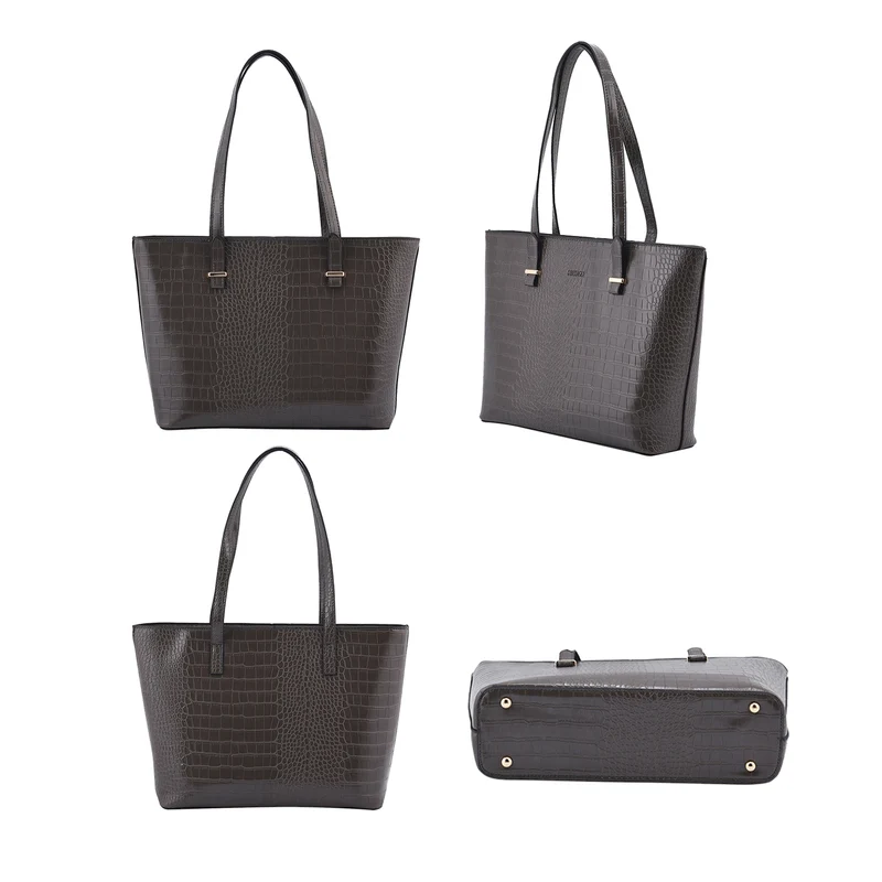 Passage - 4er-Set, Handtasche, Crossbody Tasche, Clutch und Brieftasche mit Kroko Muster, grau