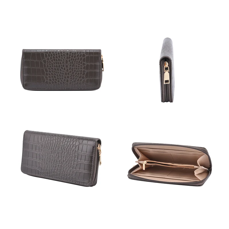 Passage - 4er-Set, Handtasche, Crossbody Tasche, Clutch und Brieftasche mit Kroko Muster, grau