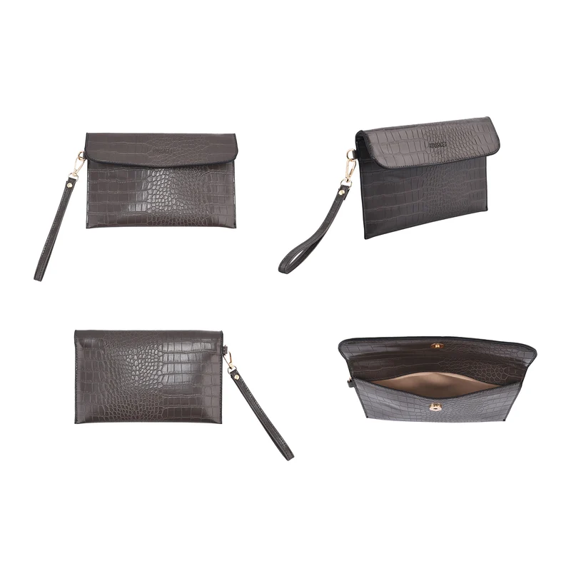 Passage - 4er-Set, Handtasche, Crossbody Tasche, Clutch und Brieftasche mit Kroko Muster, grau
