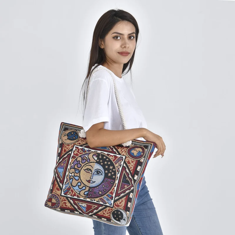 Jacquard gewebte Jute-Tasche mit Mond Design, 42x34 cm, Mond