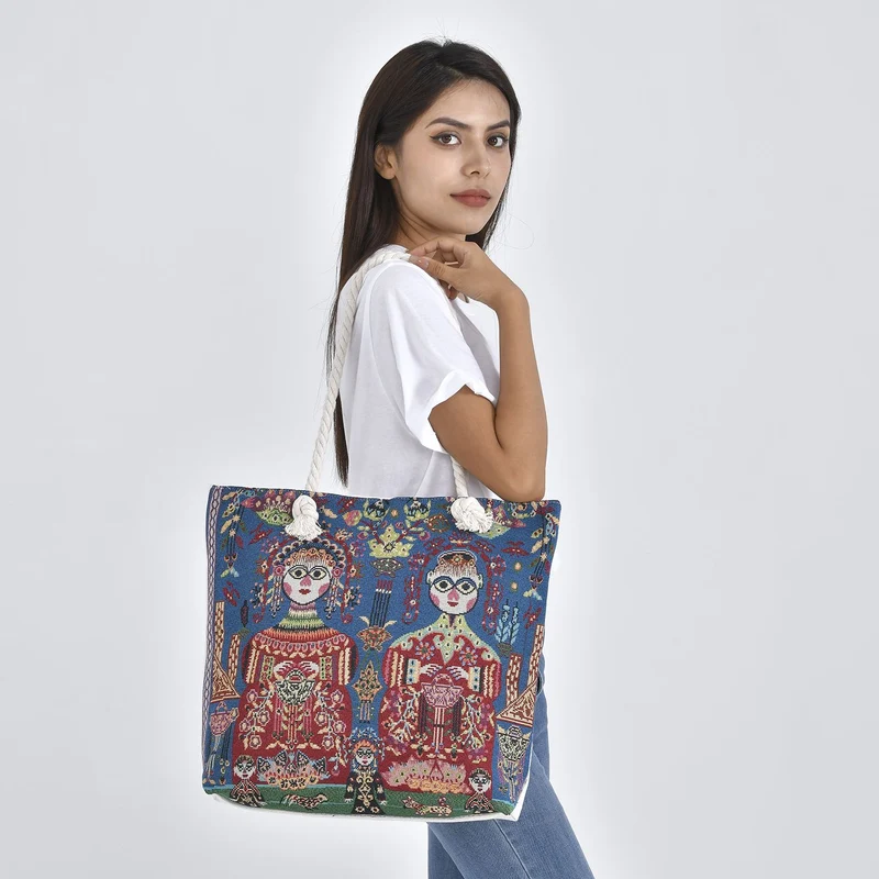Jacquard gewebte Jute-Tasche mit Mond Design, 42x34 cm, Antik