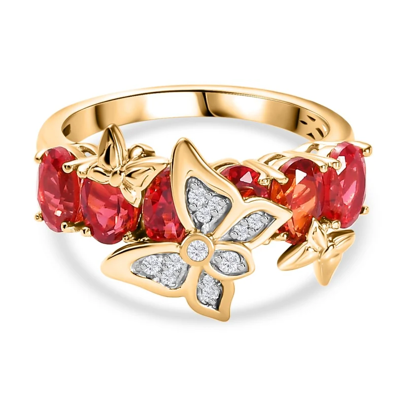 GP Italienischer Garten Kollektion - Lab Grown Padparadscha-Saphir (B), Weißer Zirkon Schmetterling Ring 925 Silber 750 Gelbgold Vermeil ca. 4.09 ct