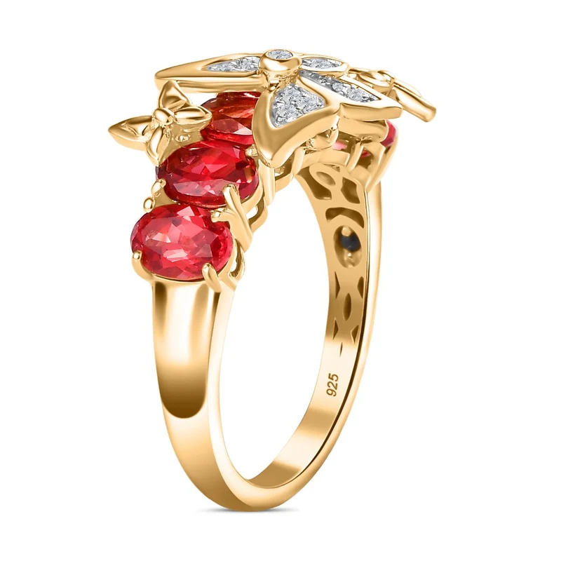 GP Italienischer Garten Kollektion - Lab Grown Padparadscha-Saphir (B), Weißer Zirkon Schmetterling Ring 925 Silber 750 Gelbgold Vermeil ca. 4.09 ct