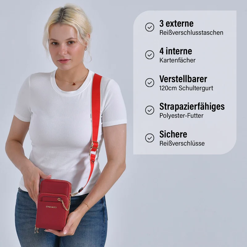 PASSAGE Crossbody-Handytasche mit Abnehmbarem Kartenhalter, 18x6.5x11cm, rosa