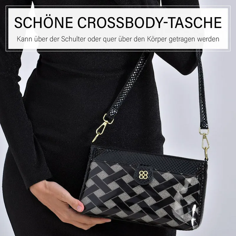 Stylische Sling-Umhängetasche mit klassischem schwarzem Zebramuster, vielseitigem Gurt und praktischen Fächern, 26x10x15 cm