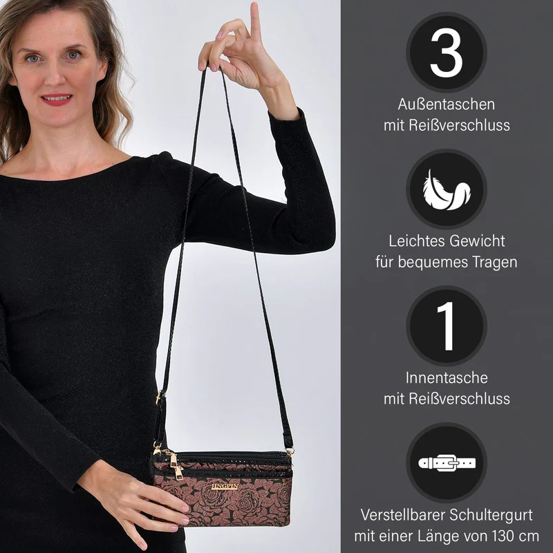 Sling Crossbody Bag, Stylische Silber-Umhängetasche, 3 Reißverschlussfächer, Vielseitiger 130 cm Gurt, PU-Außenseite, 100% Polyester-Futter, Kompakte Größe 22x12 cm, Silber