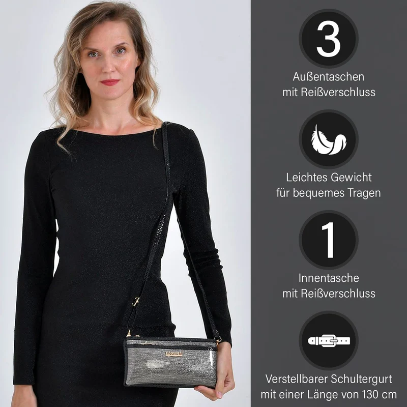 Sling Crossbody Bag, Stylische Silber-Umhängetasche, 3 Reißverschlussfächer, Vielseitiger 130 cm Gurt, PU-Außenseite, 100% Polyester-Futter, Kompakte Größe 22x12 cm, Silber