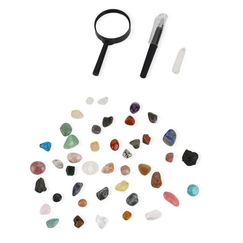 Minerals Collection 45pcs 1pcs Clear Quartz, size about 2-3cm 42pcs different stones, size about 1cm 1pc Black pen(10.5cm L,4.13inch L) 1pc 5X Magnifying glass(10.5x5cm,4.13x1.96inch) 1pc Instruction manual in English version Box size: about 26.5*25.5*3