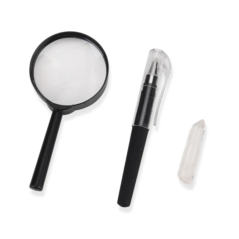 Minerals Collection 45pcs 1pcs Clear Quartz, size about 2-3cm 42pcs different stones, size about 1cm 1pc Black pen(10.5cm L,4.13inch L) 1pc 5X Magnifying glass(10.5x5cm,4.13x1.96inch) 1pc Instruction manual in English version Box size: about 26.5*25.5*3