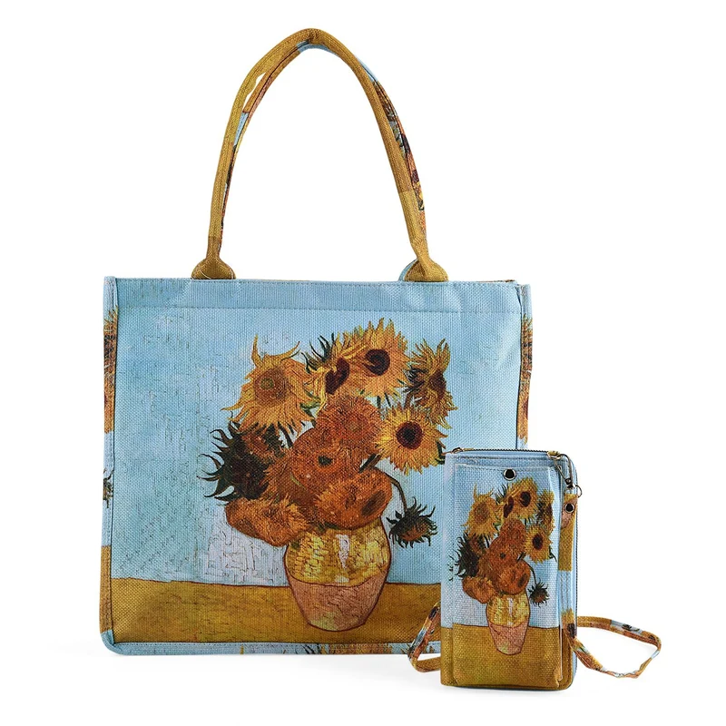 2-teiliges Taschenset - Shopper und Handytasche, ca. 40 x 12 x 35 cm (Shopper), ca. 20 x 11 x 2 cm (Handytasche), Sonnenblumen von Van Gogh
