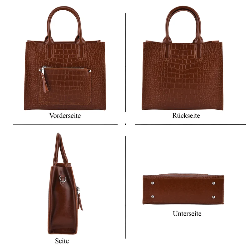 Henkeltasche aus Echtleder mit Krokoprägung, Schulterriemen und Reißverschlussfach, 33x12x28cm, Burgunderrot