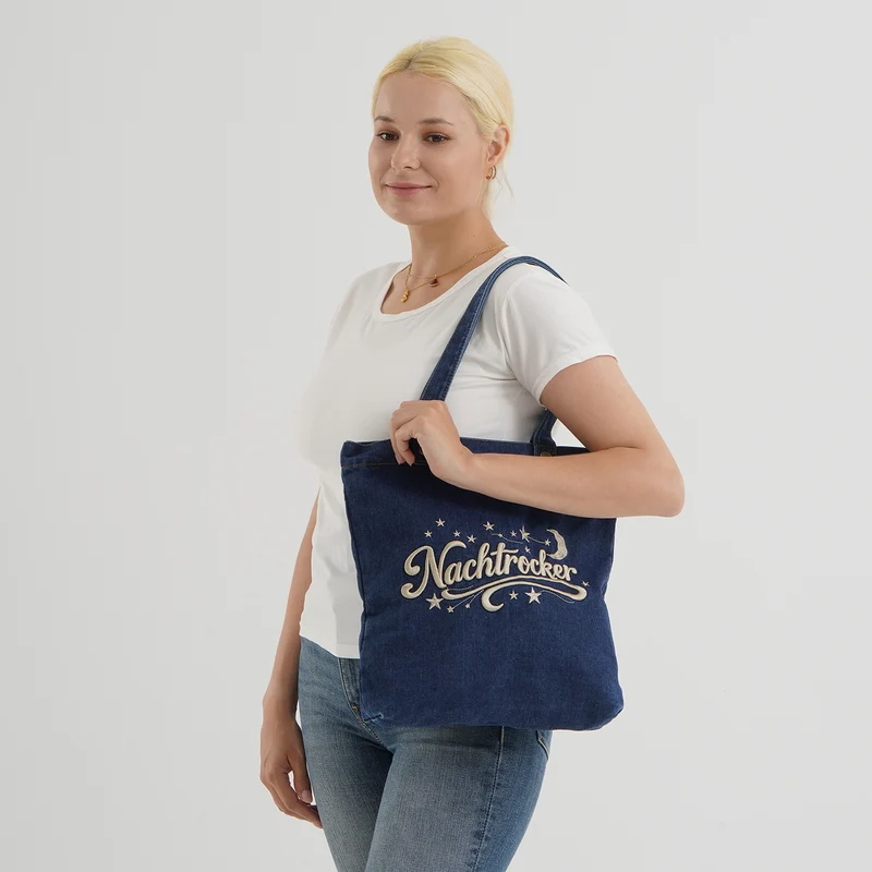 Shopper-Tasche mit Stickerei, Reißverschluss und Innenfach, 34x35cm, Hellblau
