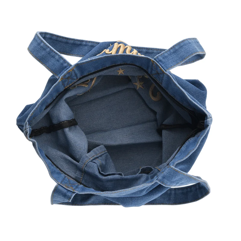 Shopper-Tasche mit Stickerei, Reißverschluss und Innenfach, 34x35cm, Hellblau