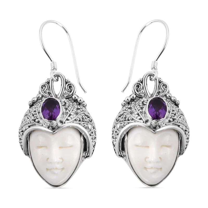 Royal Bali - Afrikanische Amethyst und Ox-bone Ohrringe, 925 Silber Schwarz oxidiert ca. 1.42 ct
